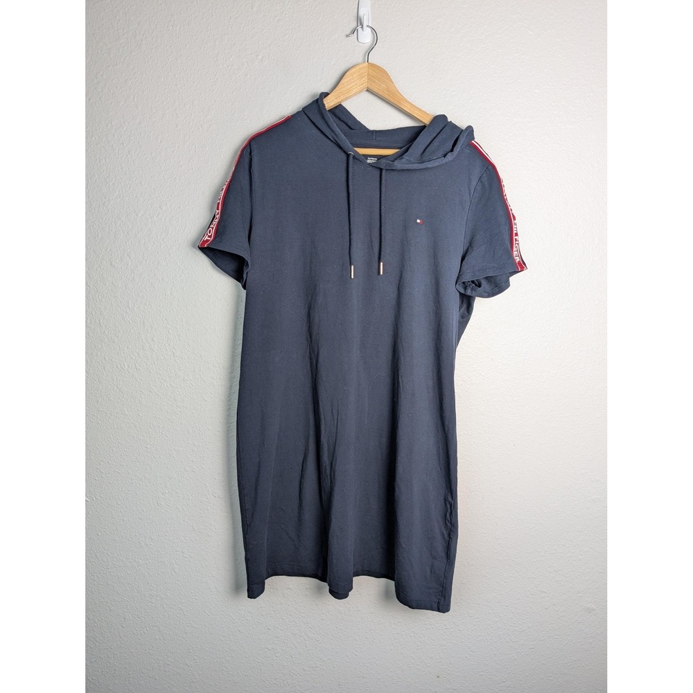Tommy Hilfiger Dress Womens XL Blue Short T-Shirt Hooded Logo Tape Jersey Casual